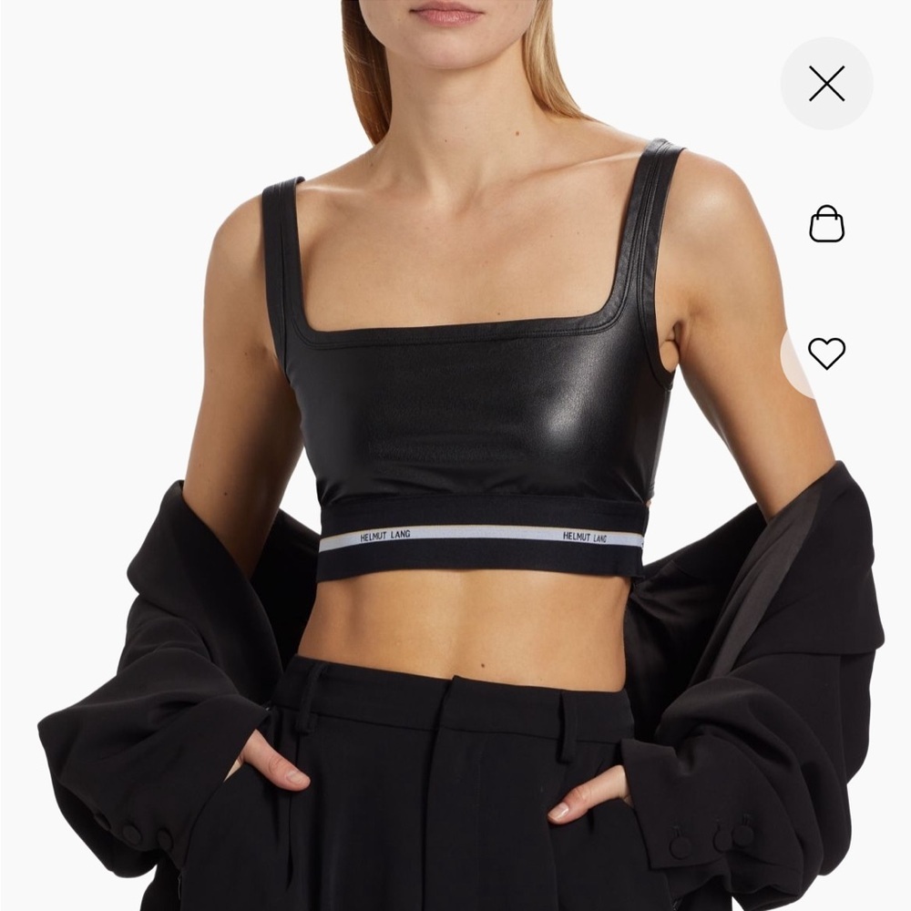 Helmut Lang Black Crop Top Logo Band Faux Leather Cotton Spandex - Picture 3 of 12